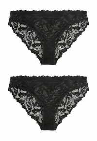 Culotte en dentelle noire avec motif floral, bords festonnés et un centre en tissu uni. Présente des détails en dentelle élaborés sur les côtés.