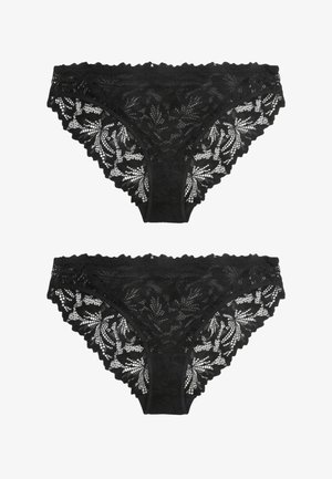 Črne čipkaste hlačke z cvetličnim vzorcem, valovitimi robovi in trdim sredinskim delom. Imajo zapleteno čipkasto obdelavo ob straneh.