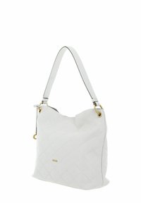 Weiße Lederhandtasche mit quiltierter Musterung, goldenen Hardware-Akzenten und einem einzelnen Schulterriemen. Weiche Textur und mittelgroßes Design.