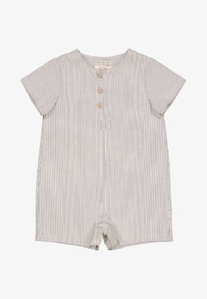 Combinaison courte à manches courtes rayée en gris clair et blanc, avec fermeture à boutons, poche plaquée et tissu doux offrant une coupe décontractée.