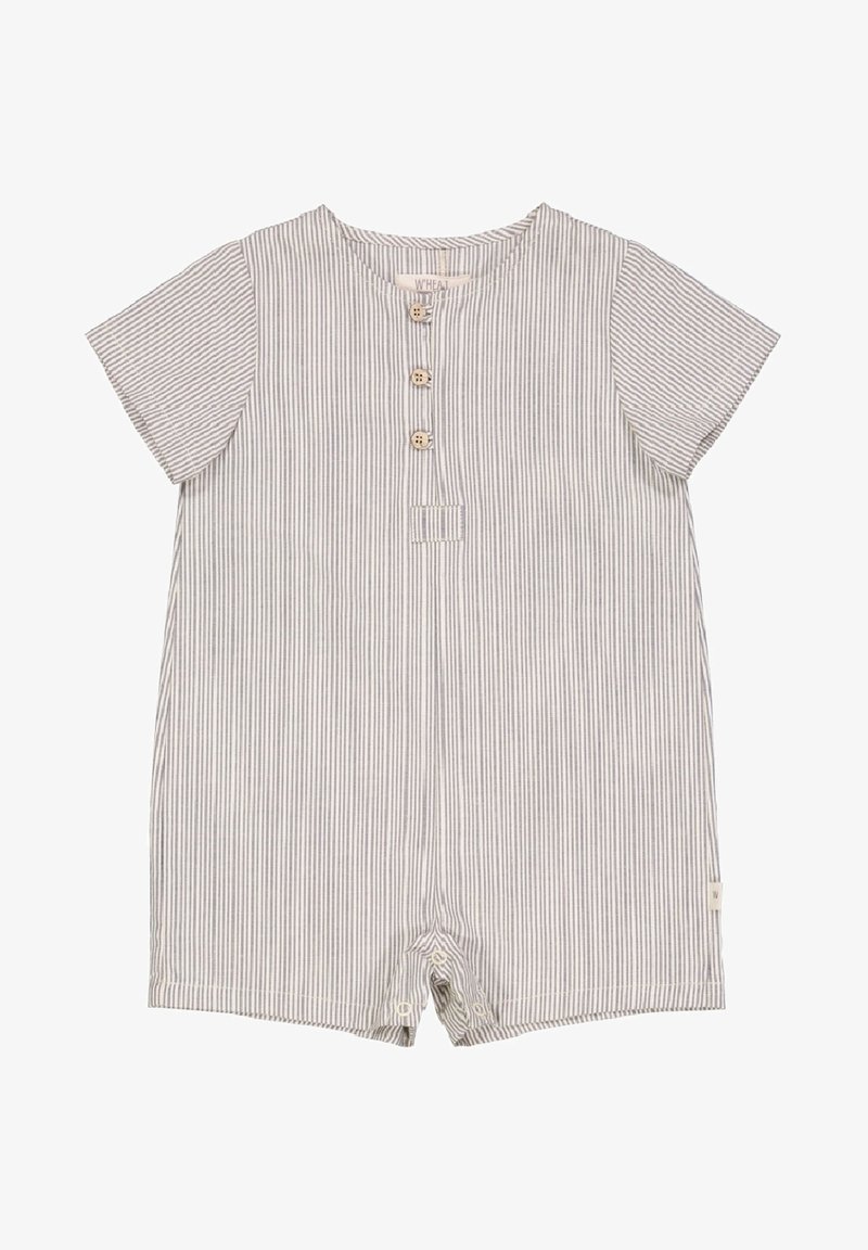 Combinaison courte à manches courtes rayée en gris clair et blanc, avec fermeture à boutons, poche plaquée et tissu doux offrant une coupe décontractée.