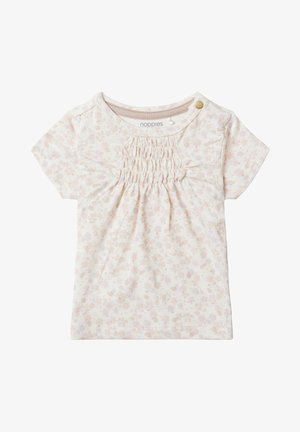 Leicht gemustertes Kurzarmoberteil aus weichem Stoff, mit Raffung an der Vorderseite und einem Rundhalsausschnitt mit einem Knopfakzent.