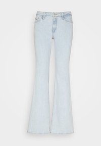 Světle modré rozšířené džíny z denimu. Mají zapínání na knoflík a zip, pět kapsový design a jemné vyblednutí pro opotřebovaný vzhled.