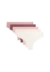 Vijf naadloze damesonderbroeken in tinten variërend van wit tot donker mauve, gerangschikt in een gelaagde horizontale rij.