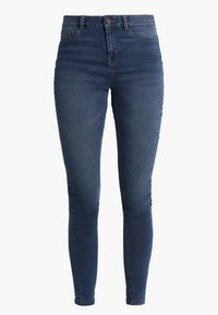 Jeans skinny a vita alta in denim blu scuro, con una texture liscia, passanti per cintura e il classico design a cinque tasche.