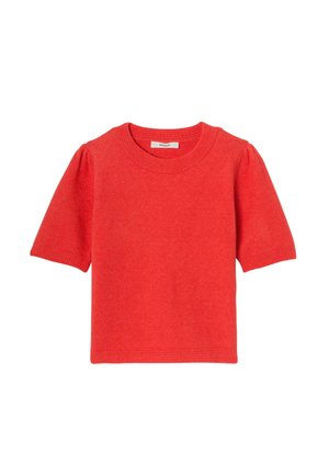 Pull en tricot rouge à manches courtes avec un col rond, mettant en avant des manches ballons et des bords côtelés pour une texture et un ajustement optimal.
