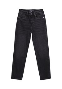 Crne traperice od denima s ravnim nogavicama, dizajnom s pet džepova i metalnim detaljima. Sadrže suptilno izbljeđivanje i šivane detalje.