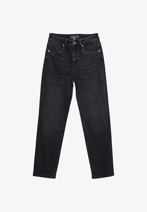 Schwarze Jeans aus Denim mit geradem Bein, Fünf-Taschen-Design und Metallbeschlägen. Verfügt über dezente Verbleichungen und gestickte Details.