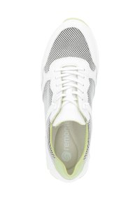 White athletic shoe with a mesh upper, reflective accents, and a soft grey sole. Features white laces and a light green interior lining.