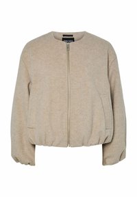 Beige wollen mix jas met rits aan de voorkant, lange mouwen, ronde halslijn, twee zijzakken en elastische zoom en manchetten.