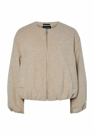 Veste en mélange de laine beige avec fermeture éclair à l'avant, manches longues, col rond, deux poches latérales et ourlet et poignets élastiques.