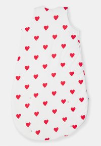 Cotton sleep sack in white with red heart patterns, sleeveless design, rounded bottom, featuring snap closures at the base.
