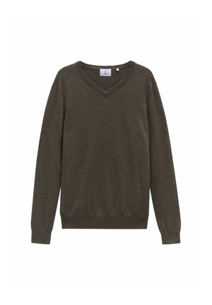 Brun bomull långärmad V-ringad tröja med ribbade ärmslut och nederkant, med en subtil textur och en etikett på halsringningen.