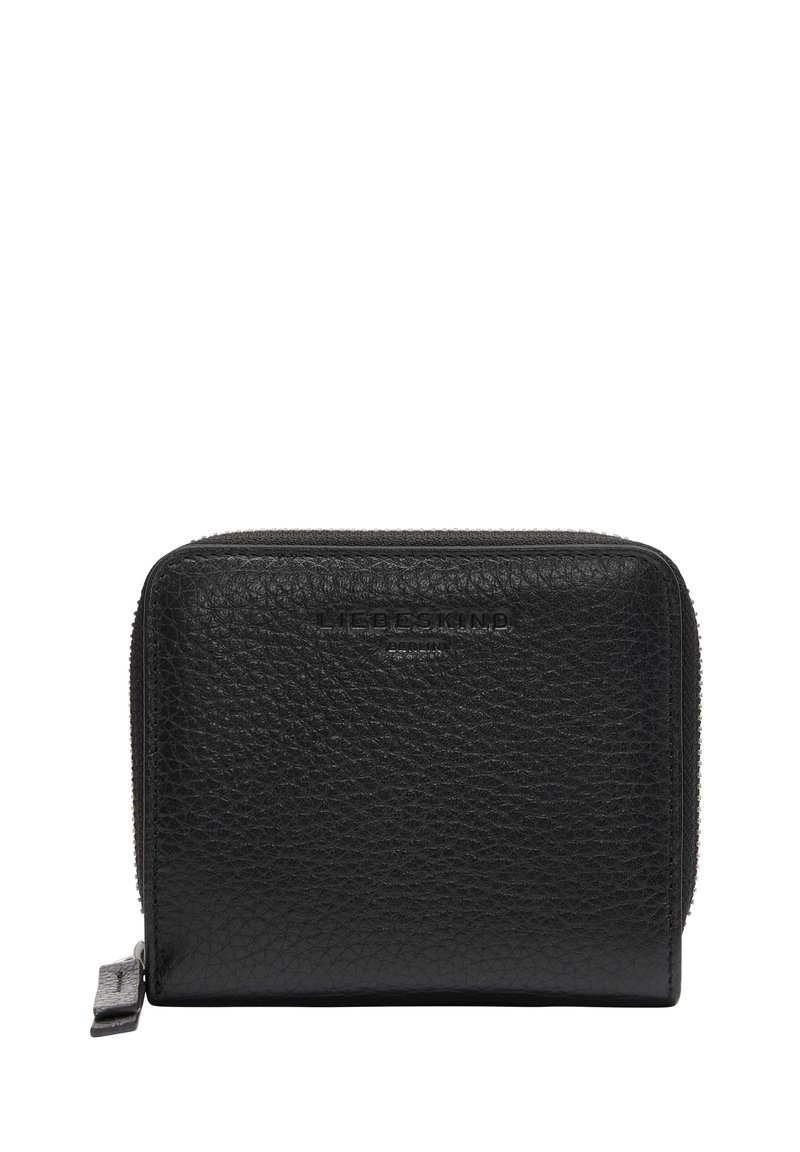Schwarze Lederbörse mit strukturiertem Finish, Reißverschluss und geprägt Logo auf der Vorderseite. Kompaktes und rechteckiges Design.
