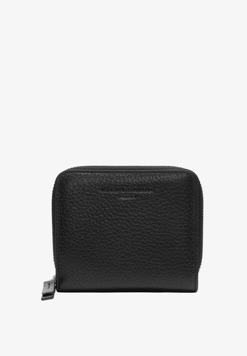 Schwarze Lederbörse mit strukturiertem Finish, Reißverschluss und geprägt Logo auf der Vorderseite. Kompaktes und rechteckiges Design.