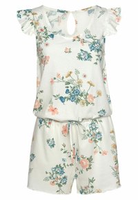 Floral romper in white fabric, featuring green, pink, and blue flower patterns. Includes ruffled sleeves and a keyhole back detail.