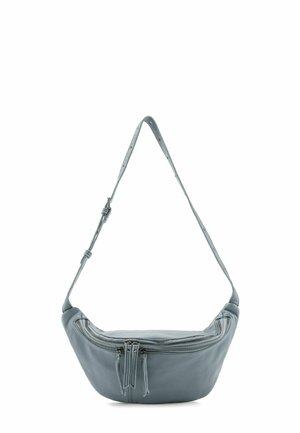 Marsupio in pelle blu con forma curva, dotato di due scomparti con zip e una tracolla texturizzata con fori per la regolazione.