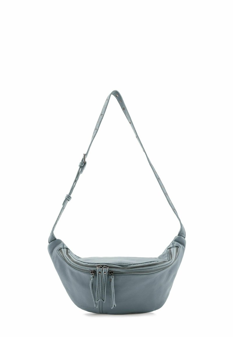 Marsupio in pelle blu con forma curva, dotato di due scomparti con zip e una tracolla texturizzata con fori per la regolazione.