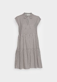 Gestreepte jurk in grijs en wit, lichtgewicht stof, korte mouwen, hoge hals met strik, tiered ruffle zoomontwerp.