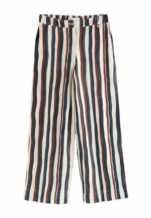 Hosen mit weitem Bein in Weiß, Marineblau und Rost mit vertikalen Streifen, ausgestattet mit Knopf- und Reißverschluss sowie Gürtelschlaufen.