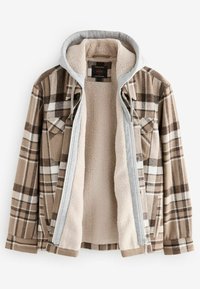 Veste à carreaux marron et beige avec doublure polaire beige et capuche gris clair attachée avec cordons, montrée ouverte.