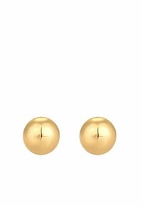Cercei din metal aurit, cu un design sferic, neted și cu un finisaj lucios. Fiecare cercel are un aspect minimalist.