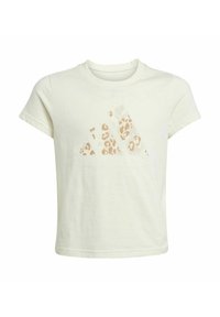 Crème katoenen T-shirt met korte mouwen en een ronde hals. Voorzien van een leoprintlogo in beige aan de voorkant. Glad textuur.