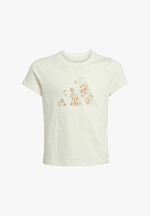 T-shirt in cotone crema con maniche corte e collo rotondo. Presenta un logo a stampa leopardata in beige sul davanti. Tessuto morbido.