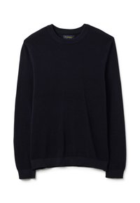 Maglione lavorato a maglia blu navy con scollo rotondo, maniche lunghe e un motivo testurizzato. Le finiture a coste sui polsini e sull'orlo completano il design.