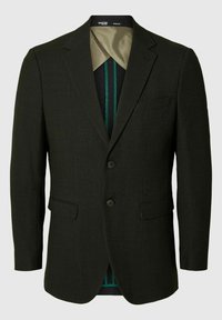 Ciemnozielony żakiet o teksturowym wykończeniu, z dwiema kieszeniami z przodu, dwoma guzikami oraz kontrastową podszewką z zielonymi paskami.
