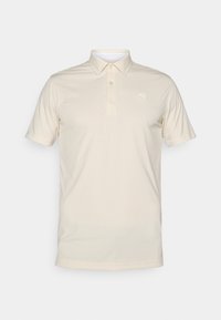 Beige Poloshirt aus glattem Material. Verfügt über einen klassischen Kragen, eine Drei-Knopf-Leiste und ein dezentes Logo auf der linken Brust.