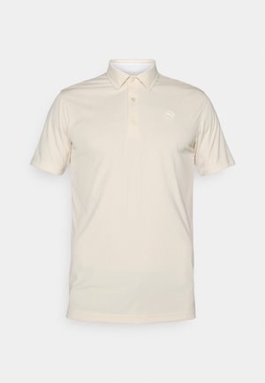 Beige polo shirt made from smooth fabric. Features a classic collar, three-button placket, and a subtle logo on the left chest.