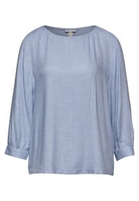 Ljusblå, långärmad topp med rund halsringning, plisserade detaljer och manschettärmar. Tillverkad av ett mjukt, strukturerat tyg.