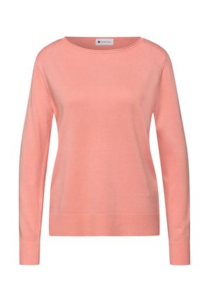 Maglione rosa a maniche lunghe realizzato in tessuto morbido, con scollo rotondo, orlo a coste e cuciture laterali con minimi dettagli.