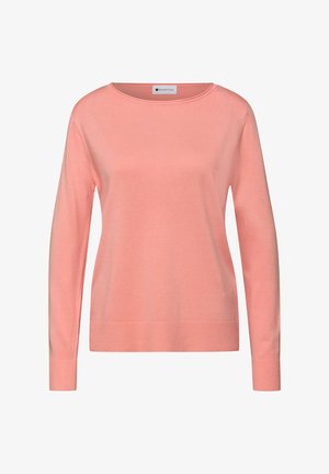 Różowy sweter z długim rękawem wykonany z miękkiego materiału, z okrągłym dekoltem, prążkowanym dołem oraz bocznymi szwami i minimalistycznymi zdobieniami.