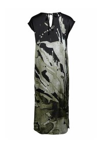 Robe midi à imprimé abstrait noir et gris, manches courtes et fermeture à nœud avec ouverture en goutte d'eau au dos du col.