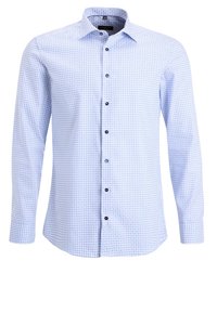 Světlomodrá kostkovaná košile z bavlny. Má límec zapínaný na knoflíky, dlouhé rukávy a tmavě modré knoflíky s pevnějším střihem.