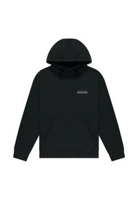 Felpa nera con cappuccio realizzata in cotone, dotata di tasca a marsupio, cappuccio con cordino e testo stampato sulla parte sinistra del petto. Design a pullover.