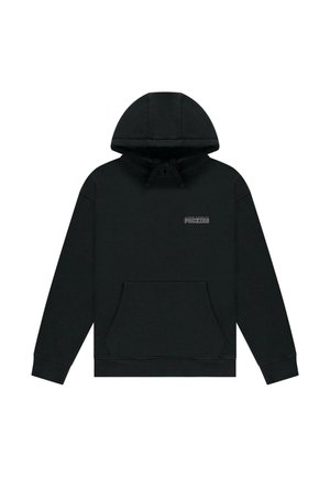 Felpa nera con cappuccio realizzata in cotone, dotata di tasca a marsupio, cappuccio con cordino e testo stampato sulla parte sinistra del petto. Design a pullover.