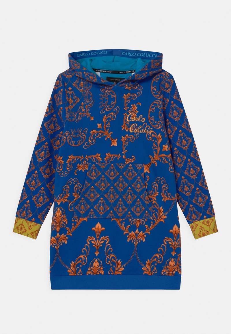 Robe sweat à capuche bleue avec des motifs floraux baroques orange, poche avant avec motif diamant et poignets jaunes contrastants.