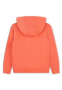 Sweat à capuche en corail vif, fabriqué à partir d'un mélange de coton doux. Présente des poignets et un ourlet côtelés, avec une construction sans couture à l'arrière.