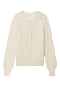 Kardigan neulepaita vaaleassa beessissä, valmistettu ribbineuleesta. Siinä on pyöreä pääntie, pitkät hihat ja kuusi nappia edessä.