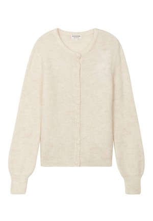 Sweater cardigan in light beige, made of ribbed knit material. Features a round neckline, long sleeves, and six buttons down the front.