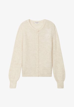 Strickjacke in hellem Beige, aus geripptem Strickmaterial gefertigt. Sie verfügt über einen runden Halsausschnitt, lange Ärmel und sechs Knöpfe an der Vorderseite.