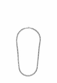 Collana in argento con maglie rettangolari intrecciate, finitura lucida e chiusura a moschettone sicura.