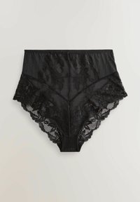 Culotte taille haute en dentelle noire avec motif floral, détails en maille et bords festonnés. Tissu doux avec une finition lisse.
