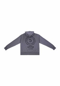 Tumehallist kangast kapuutsi sweatshirt, mille seljal on musta värvi logo ja tekst, ribiga mansetid ja hem.