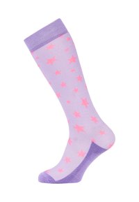 Ponožky po kolena v pastelově levandulové barvě s růžovým hvězdným vzorem. Obsahují jednolitý fialový lem a vyztuženou patu pro větší odolnost.