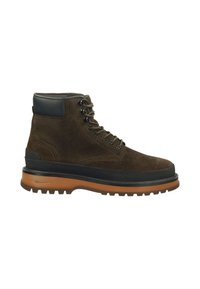 Brown suede boot with black leather accents, round toe, lace-up design, and a thick, contrasting rubber sole with tread pattern.