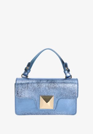 Blue metallic handbag with a structured design, featuring a gold pyramid accent on the front and a detachable shoulder strap.